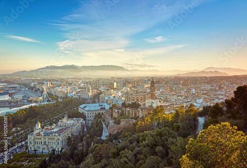 Aerial view of Malaga in sunset lights. Spain