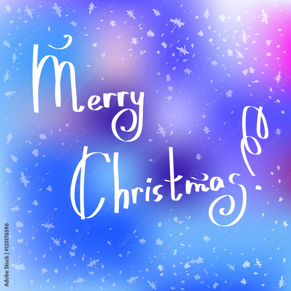 Merry Christmas lettering Greeting Card. Blurred background