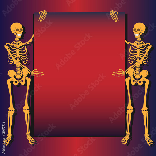 The skeletons of a man holding a sheet of paper, Bulletin Board.Halloween pointing at a sign or scroll. For advertising, banners, Wallpapers site. Vector illustration.