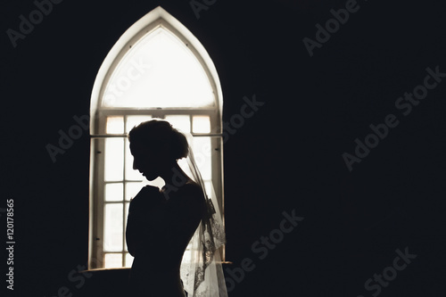 fragile bride looks in the big window in the church