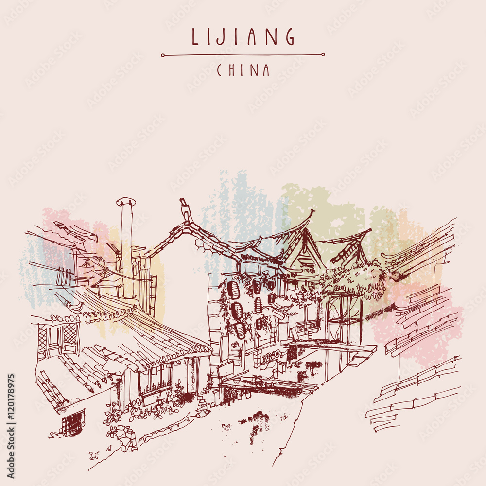 Fototapeta premium Traditional Chinese houses on the river in Lijiang, Yunnan, China. Artistic hand drawing. Travel sketch. Vintage poster, banner, postcard or calendar page template