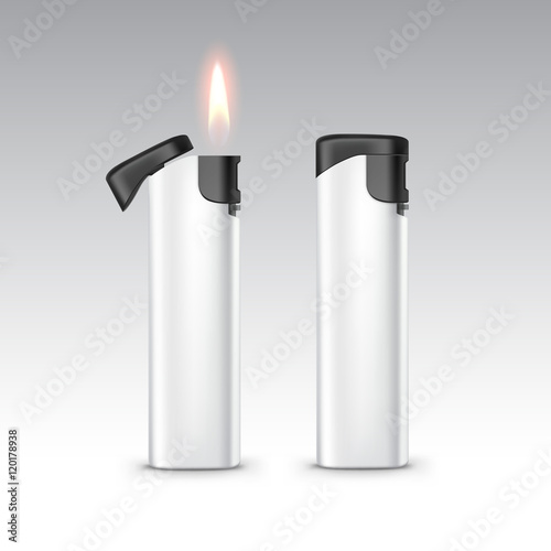 Vector Black White Plastic Lighters with Flame on Background