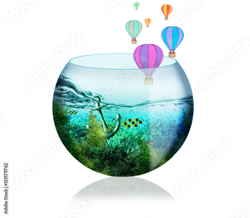 Beautiful aquarium with fishes, algae, anchor and balloons on a