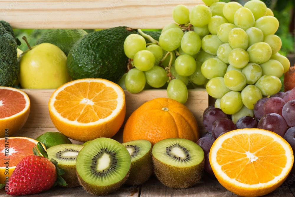 Arrangement ripe fruits and vegetables for healthy