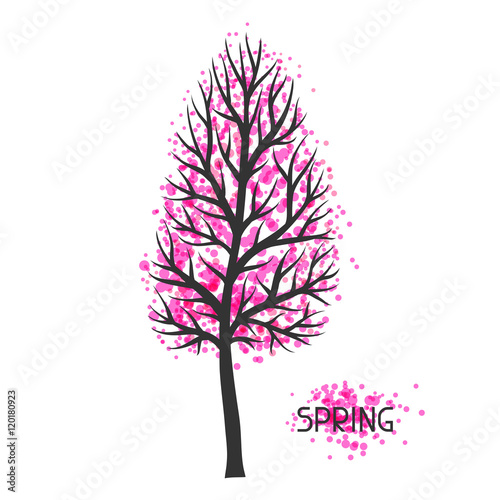 Background with spring tree. Illustration of silhouette and abstract spots © incomible