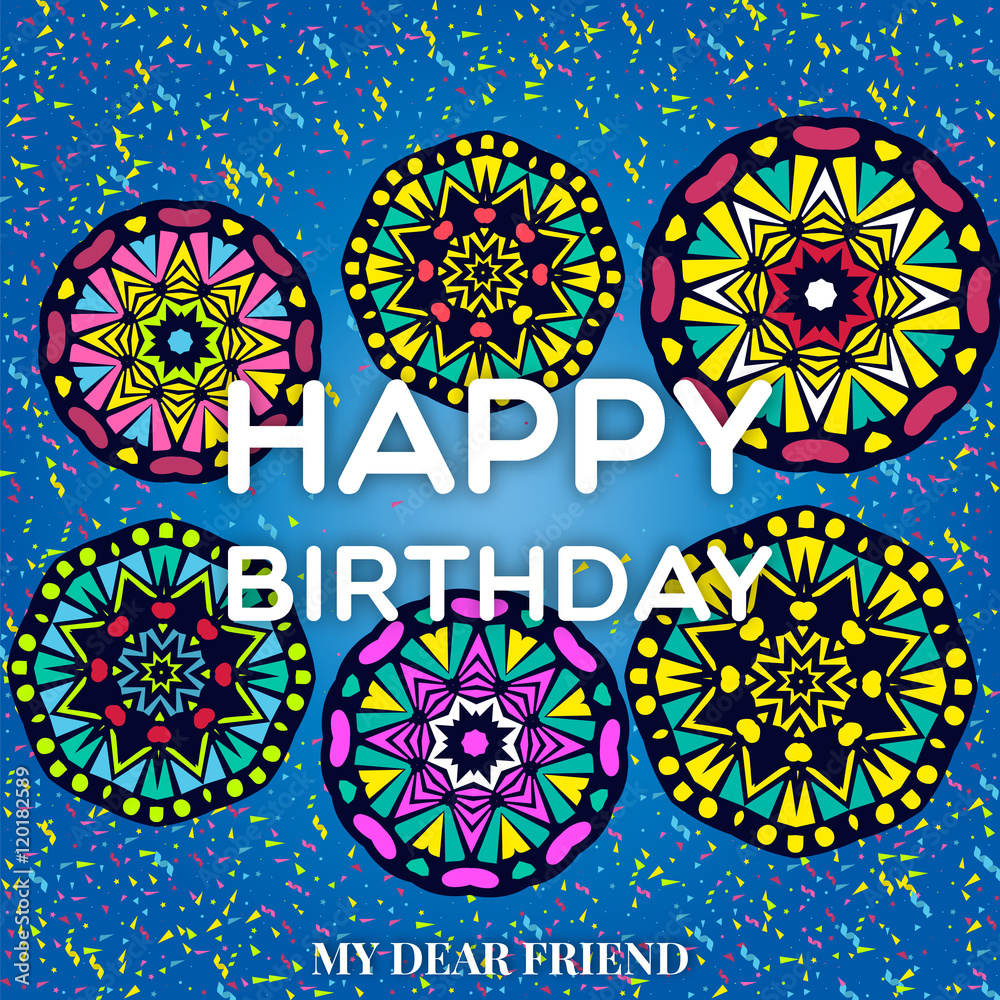 Happy Birthday vector card. on decorated mandala pattern, brochure ...