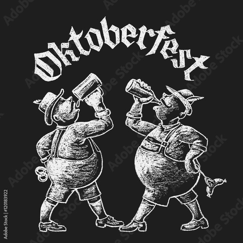 Oktoberfest lettering with two men drinking beer