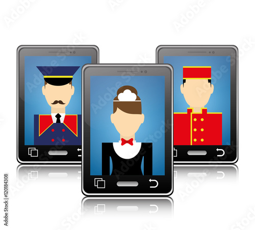 Smartphone maid bellboy and hotel apps icon set. Service technology media and digital theme. Colorful design. Vector illustration