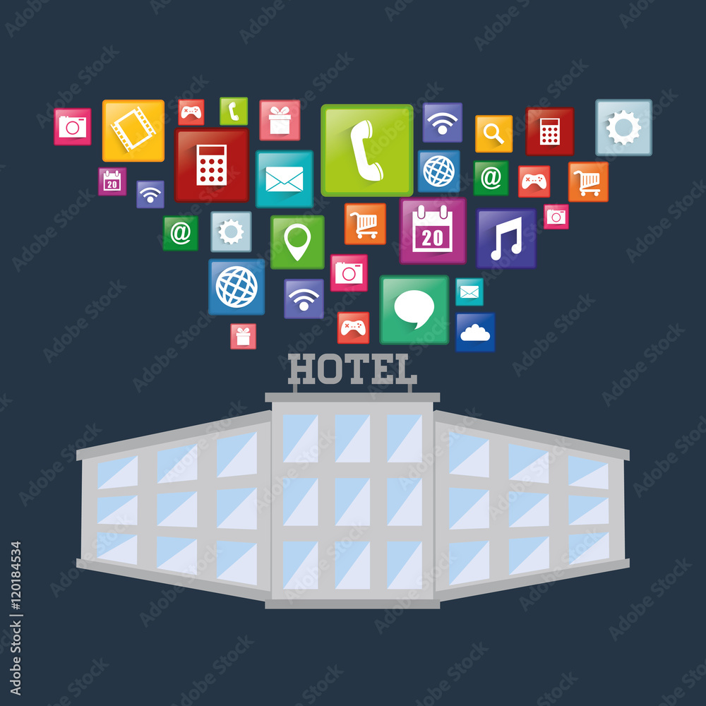 building hotel and apps icon set. Service technology media and digital theme. Colorful design. Vector illustration building hotel and apps icon set. Service technology media and digital theme. Colorful design. Vector illustration