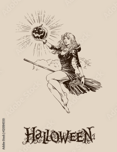Blond halloween witch with pumpkin flying on broom vintage illustration