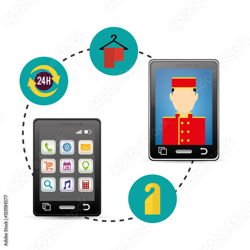 Smartphone bellboy and hotel apps icon set. Service technology media and digital theme. Colorful design. Vector illustration