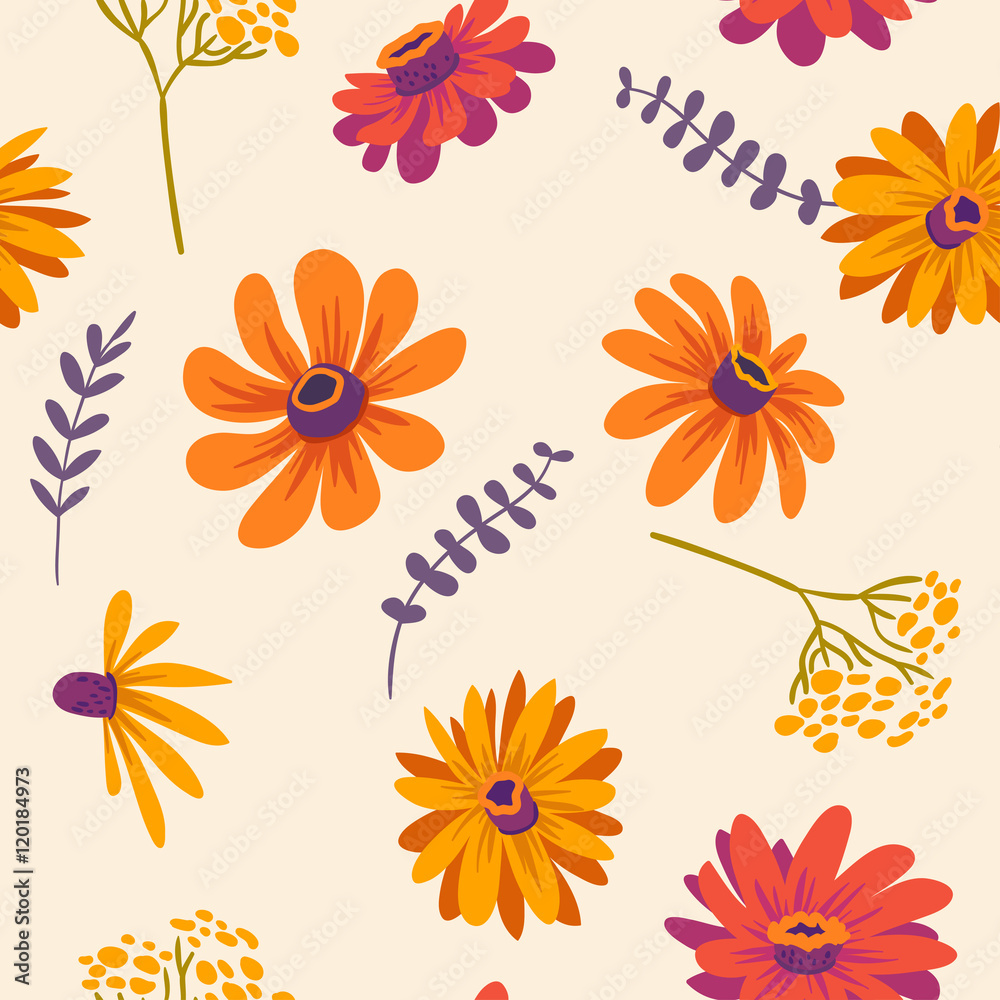 Autumn. Hand drawn illustration with gerberas and herbs. vector floral seamless pattern with beautiful flowers Autumn. Hand drawn illustration with gerberas and herbs. vector floral seamless pattern with beautiful flowers