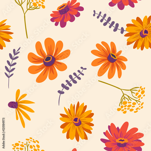 Autumn. Hand drawn illustration with gerberas and herbs. vector floral seamless pattern with beautiful flowers