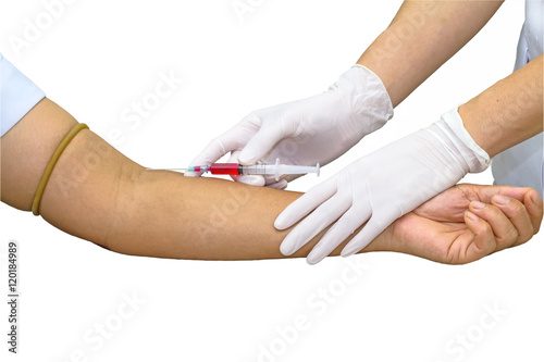 Blood test from venous vein of patient by female doctor in white medical gloves isolated on white background.Saved with clipping path.
