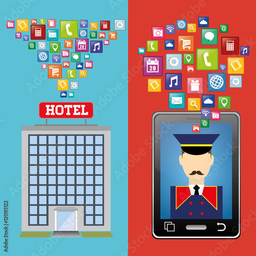 bellboy smartphone and hotel building with apps icon set. Service technology media and digital theme. Colorful design. Vector illustration