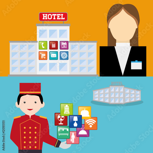 receptionist bellboy and hotel apps icon set. Service technology media and digital theme. Colorful design. Vector illustration