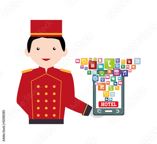 Smartphone bellboy and hotel apps icon set. Service technology media and digital theme. Colorful design. Vector illustration