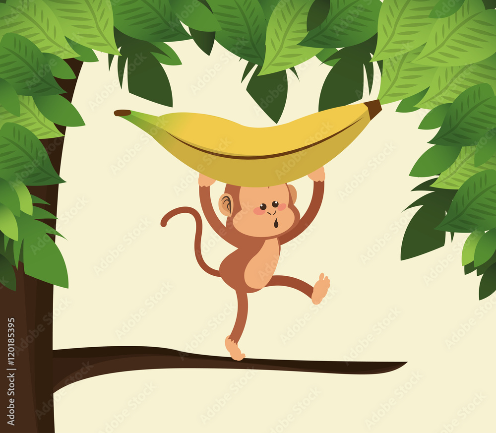 flat design jungle monkey and banana cartoon vector illustration 