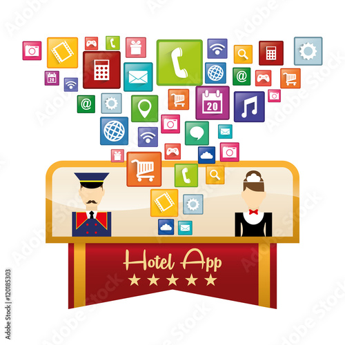 maid bellboy and hotel apps icon set. Service technology media and digital theme. Colorful design. Vector illustration