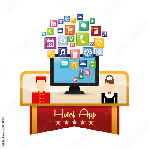 Computer maid bellboy and hotel apps icon set. Service technology media and digital theme. Colorful design. Vector illustration