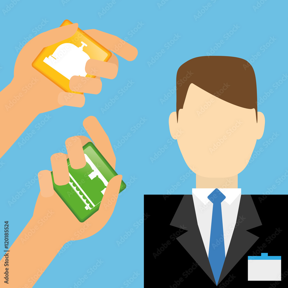 receptionist man and hotel apps. Service technology media and digital theme. Colorful design. Vector illustration receptionist man and hotel apps. Service technology media and digital theme. Colorful design. Vector illustration
