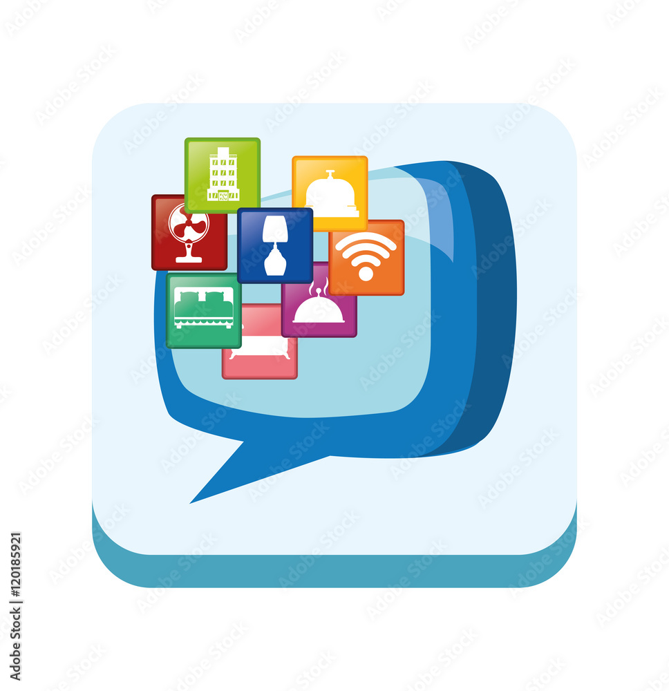 Frame bubble and hotel apps icon set. Service technology media and digital theme. Colorful design. Vector illustration Frame bubble and hotel apps icon set. Service technology media and digital theme. Colorful design. Vector illustration