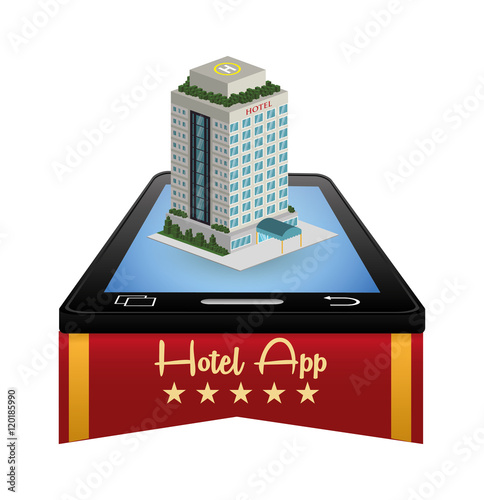 Smartphone and hotel building with apps icon set. Service technology media and digital theme. Colorful design. Vector illustration