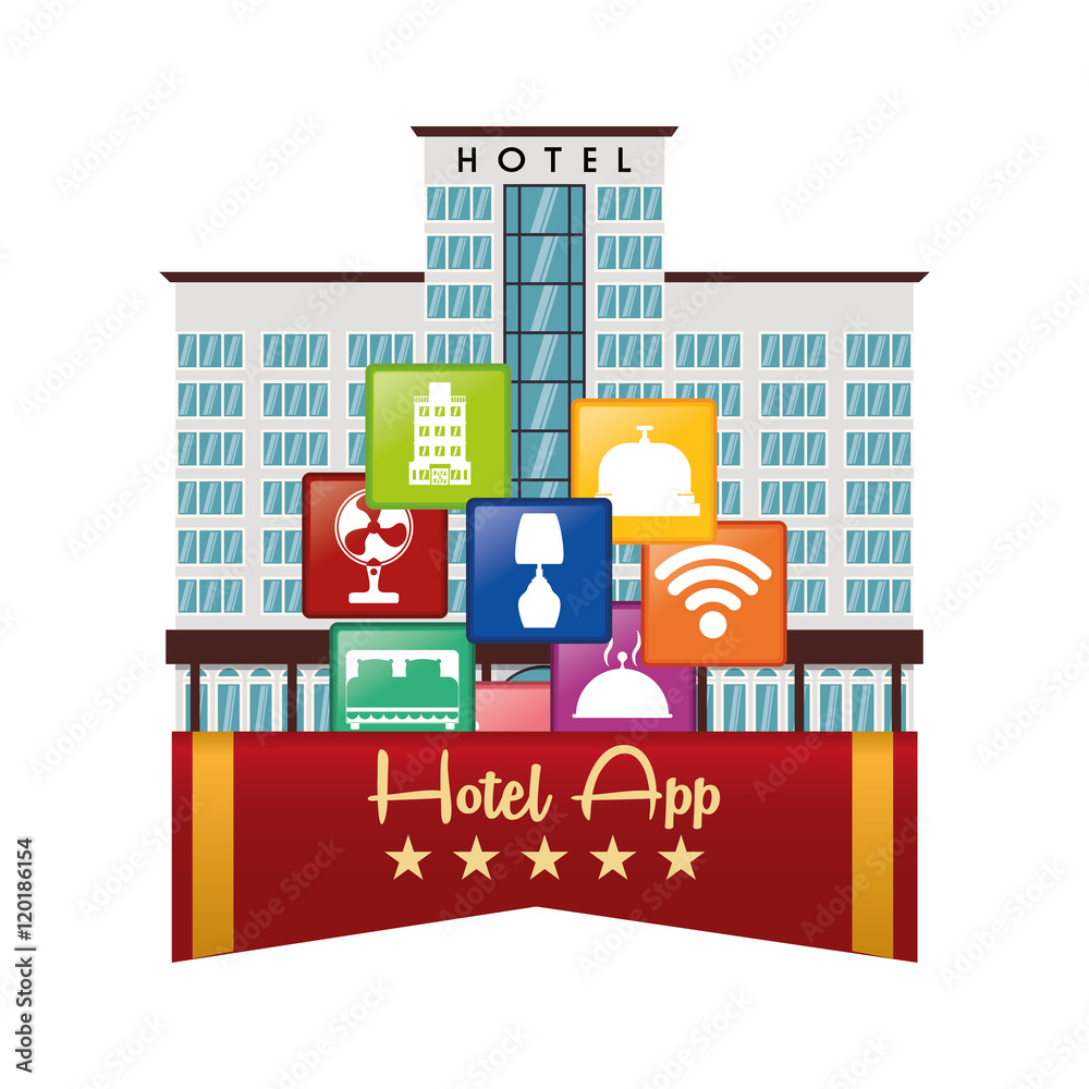 building hotel and apps icon set. Service technology media and digital theme. Colorful design. Vector illustration