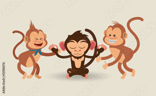 flat design meditating and playful jungle monkeys cartoon vector illustration 