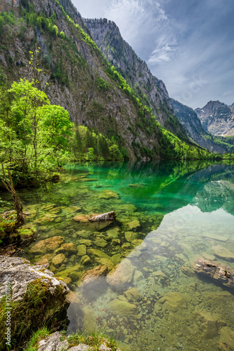 View for green mountain lake in Alps, Germany