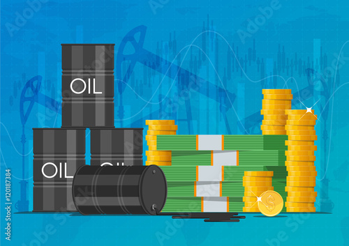 Oil cask, gold coins and piles of money. Business finance markets concept vector illustration