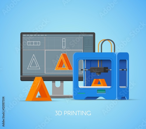 Vector 3D printing concept poster in flat style. Design elements and icons. Industrial printer prints objects from computer model.