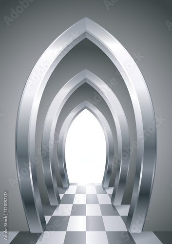 Fantastic arcade of metallic steel arches in the interior of the gallery or the castle. Corridor with illuminated exit. Architectural abstraction in the Arab or Oriental style. Vector graphics