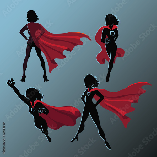 
Female superhero silhouette action poses collection. EPS 10 vector