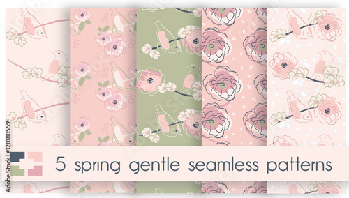 Set of  Gentle spring birds seamless pattern with flowers
