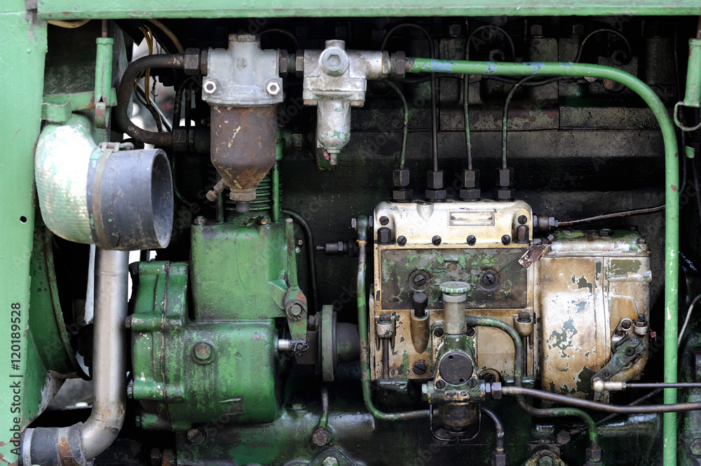Close-up of an old tractor engine.