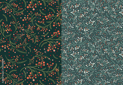 Red berry and christmas pine pattern.Digital hand drawn of element in the clean,whimsical and modern surface pattern.