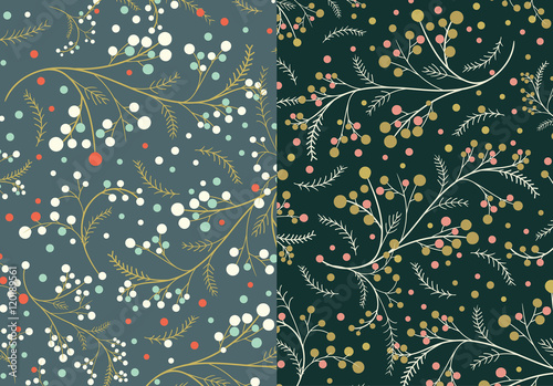 Red berry and christmas pine pattern.Digital hand drawn of element in the clean,whimsical and modern surface pattern.