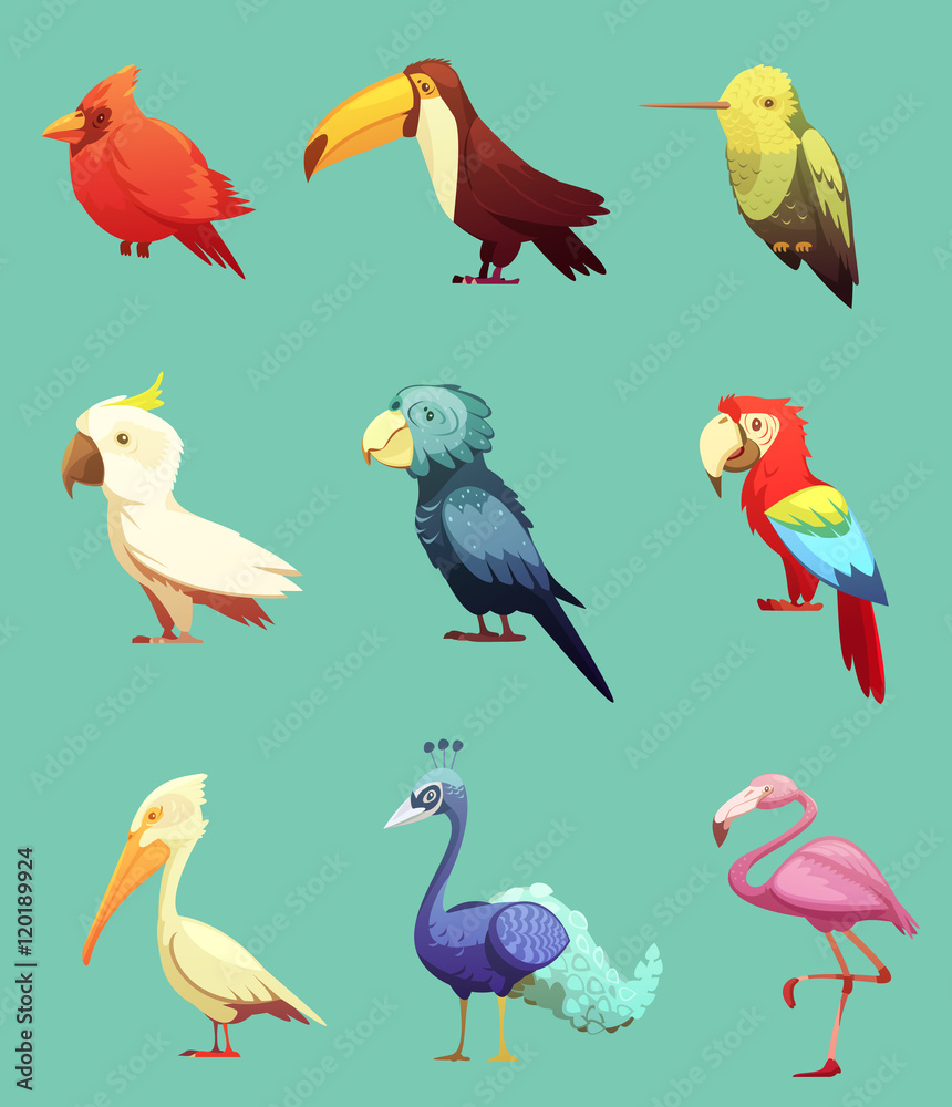 Obraz premium Exotic Tropical Birds Retro Icons Set