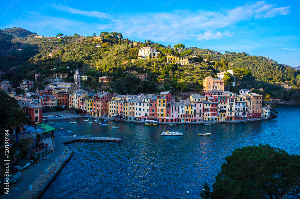 Portofino panorama,luxury harbor and colorful houses,Liguria,Italy,Europe