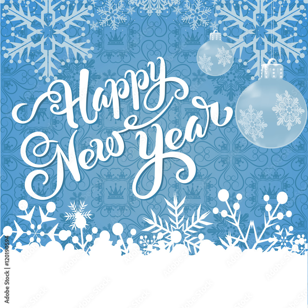 New Year Text Christmas Background Card Snowflakes Border Balls Blue Color New Year Text Christmas Background Card Snowflakes Border Balls Blue Color