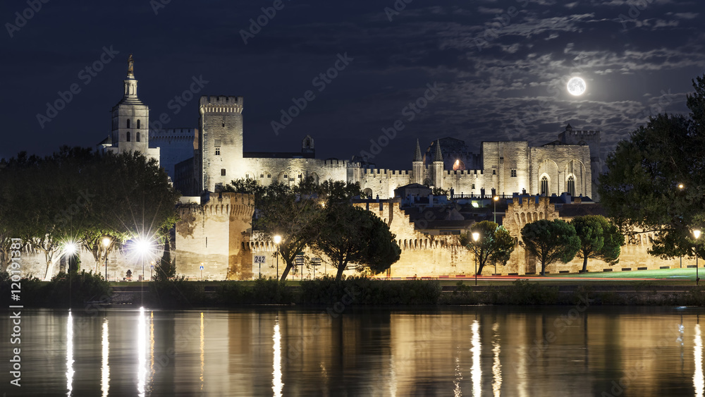 Night view on Palais des Papes with Rhone in Avignon