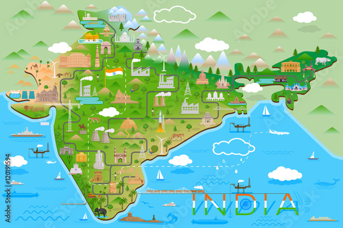 Map of India with famous monument and landmark