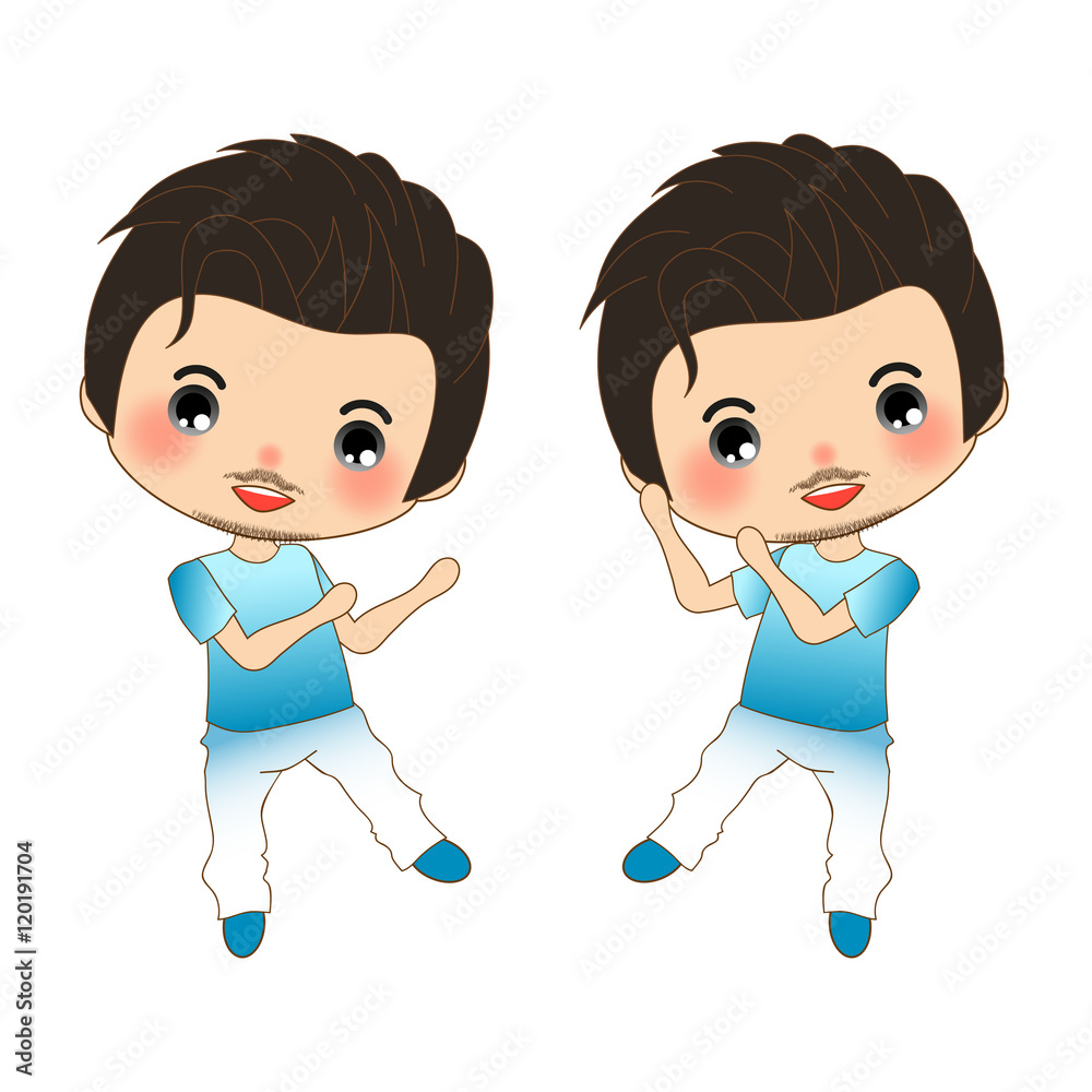 Happy Handsome Mustache Man in Blue Shirt and White Pants. Boy Dancing. isolated on White Background. Vector Illustration. Happy Handsome Mustache Man in Blue Shirt and White Pants. Boy Dancing. isolated on White Background. Vector Illustration.