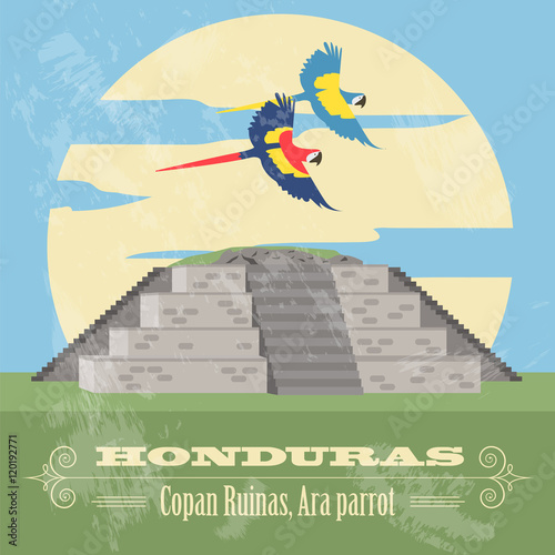 Honduras landmarks. Copan Ruinas, ara parrot. Retro styled image