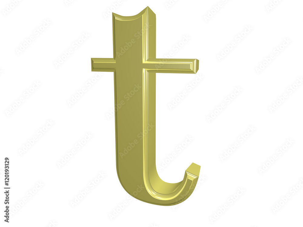 Gold letter t isolated on white, 3d illustration Gold letter t isolated on white, 3d illustration