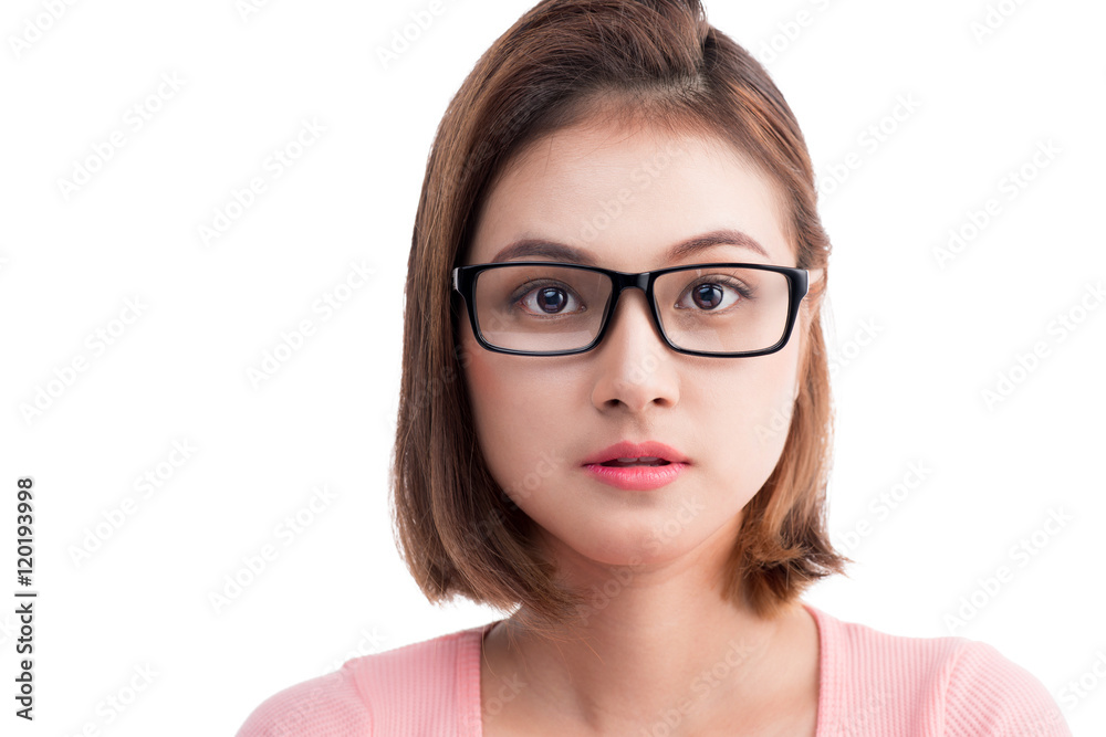 Closeup portrait of a young cheerful asian woman in glasses Closeup portrait of a young cheerful asian woman in glasses