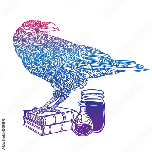 mystical crows zentangle style. magic items, poison, book. Good for T-shirt, bag, coloring book or whatever print. vector illustration. label can be removed