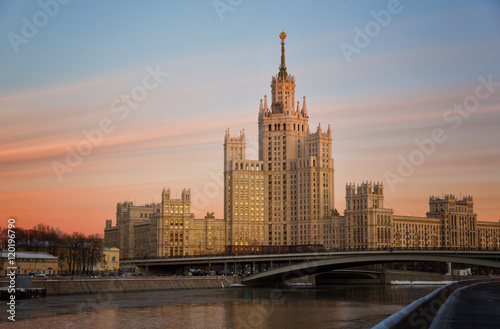 Moscow, high-rise building on Konelnicheskaya Embankment on a sunset, Russia