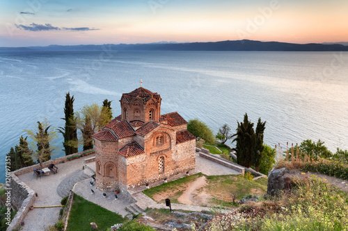 Scenic view of a church by Lake Ohrid at sunset, Macedonia